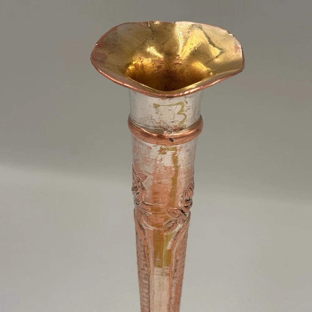 Vintage Art Nouveau Mixed Metal Bud Vase Floral Rose Iris Embossed 6 in